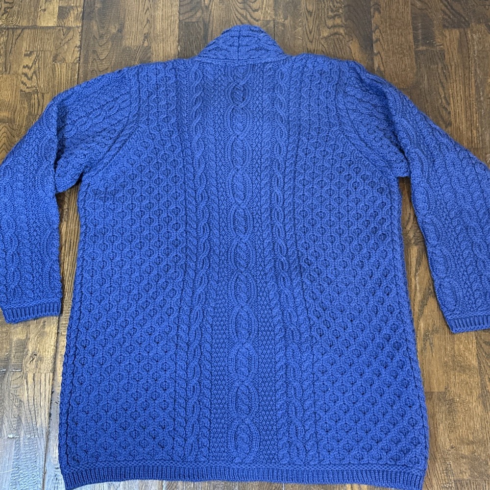 Aran Crafts XXL Soft Blue Merino Wool Chunky Collar 3 Button long Cardigan Coat - Picture 6 of 7